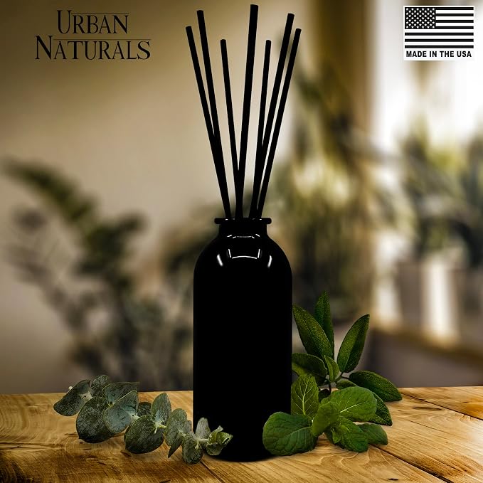 Urban Naturals Reed Diffuser Set, Eucalyptus Sage - Bathroom Shelf Décor | Mint, Lime & Cedarwood Essential Oils, Soothing & Relaxing scent for Bathroom or Bedroom Made in the USA