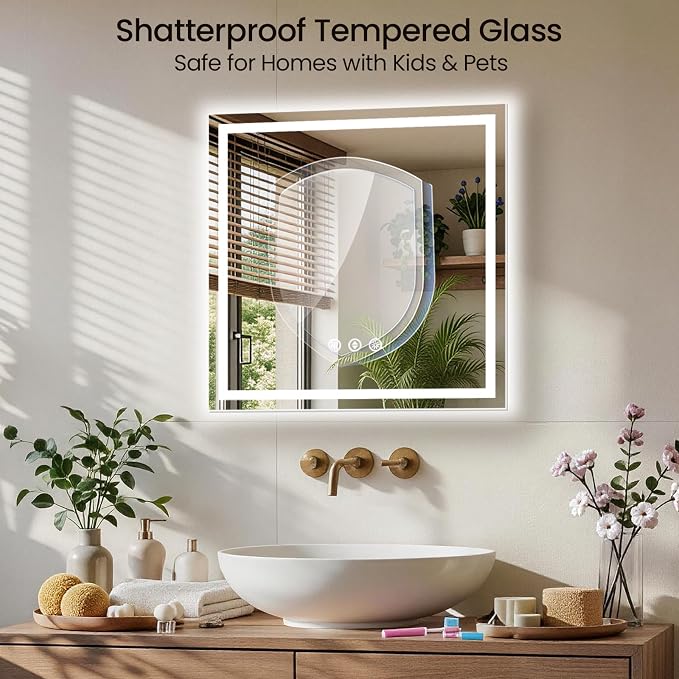 36X36 LED Bathroom Mirror with Lights, Anti-Fog, Backlit + Front Lit (CRI>90), Lighted Bathroom Vanity Mirror for Wall, Memory Function, Dimmable, Tempered Glass, Shatter-Proof
