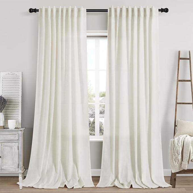 Cream Linen Curtains 108 Inches Long 2 Panels Back Tab Rod Pocket Modern Farmhouse Linen Light Filtering Curtains Cream Extra Long Semi Sheer Curtain Drapes for Living Room Bedroom 9Ft 60x108
