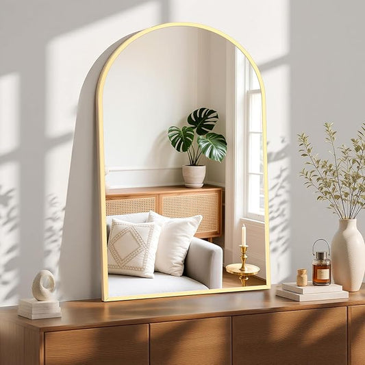 NEWBULIG 26X38 Inch Arched Bathroom Mirror for Wall, Vanity Bathroom Mirrors for Over Sink Tempered Glass, Anti-Rust Arched Metal Framed, Hangs Horizontally or Vertically, Farmhouse Home Decor, Gold