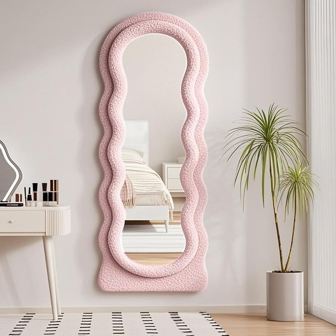 Dewfig Full Length Mirror, 63" x 24" Irregular Wavy Mirror, Large Floor Length Mirrors Wall Mounted, Standing Wavy Mirrors with Teddy Velvet Wrapped Wooden Frame for Bedroom/Living Room, Pink