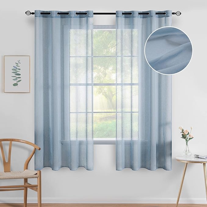MIULEE 2 Panels Dusty Blue Semi Sheer Window Curtains Elegant Grommet Top Window Voile Drapes/Treatment Linen Textured Panels for Bedroom Living Room (54X63 Inches)