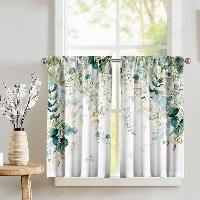 Green Eucalyptus Leaves Kitchen Curtains Elegant Wild Flower Curtains 39 Inches Sage Green Cafe Small Drapes White Floral Curtain for Bathroom RV Camper Light Filtering Rod Pocket 2 Panels