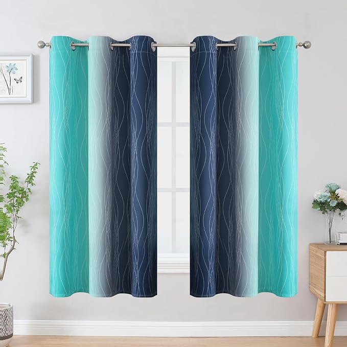 Estelar Textiler Teal and Navy Blue Blackout Curtains for Boys Bedroom, Full Room Darkening Grommet Ombre Curtains for Living Room, Thermal Insulated Light Blocking Gradient Drapes, 42Wx63L, 2 Panels