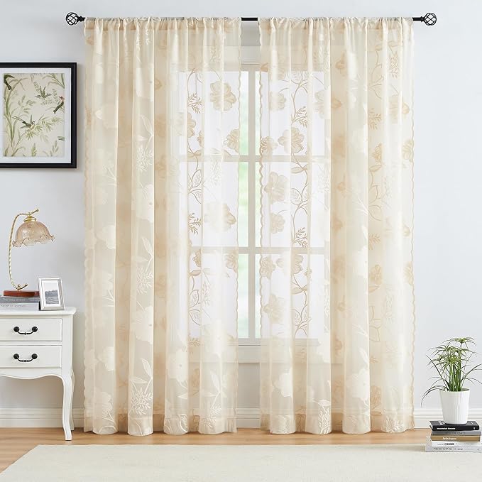 Treatmentex Beige Lace Curtains 63inch Rose Floral and Leaf Sheer Window Curtains for Living-Room Bedroom Vintage Leaf Knitted Lace Sheer Curtain Panels Ivory, 54" w 2pcs Rod Pocket