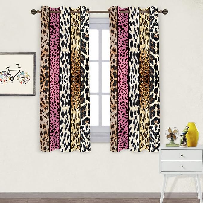 Wild Animal Print Curtain, Room Darkening Thermal Insulated Blackout Leopard Boa Window Drapes with Grommets for Living, Dining, Bedroom, Pink Leopard Print, 42"x 63", 2 Panels