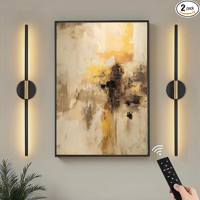 Battery Operated Wall Sconces Set of Two 360° Rotate Wireless Rechargeable Light Dimmable with Remote - Black Gold Modern Sconces Cordless Wall Decor for Home Bedroom Timer 31.5 Inch