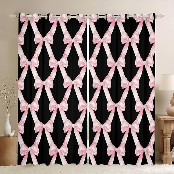 Erosebridal Pink Bow 42" Wx63 L Curtain for Girls,Ribbon Bowknot Kids Window Curtain Watercolor Geometric Bow Tie Window Treatments Black Modern Bowknot 30%-50% Blackout Curtains for Bedroom
