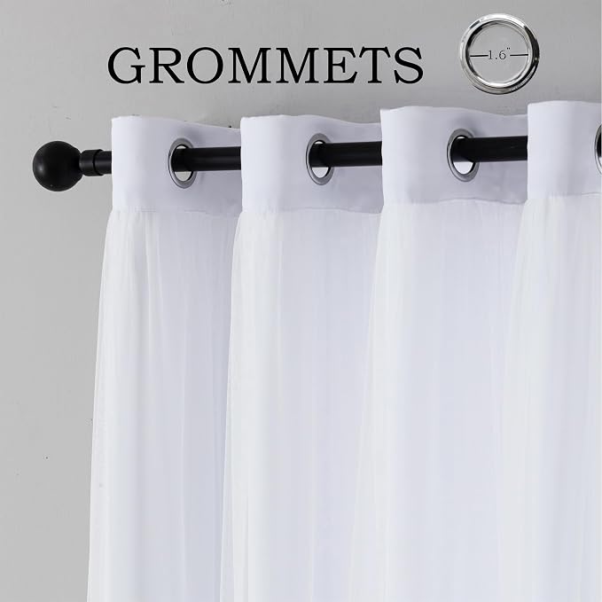 INLINAS Greyish White Blackout Curtains with Sheer Overlay - Grommet Top Thermal and Noise Reduction Panels for Bedroom and Living Room Light Blocking and Energy Saving, 52 x 96 Inches, Set of 2