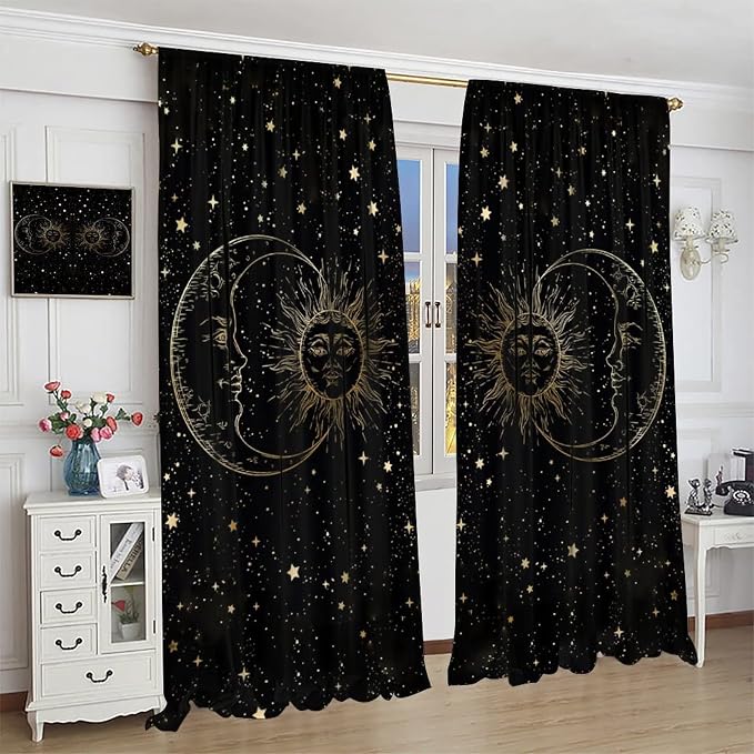 Sun Moon Blackout Windows Curtains, Golden Sun Moon and Stars Black Sky on Bohemian Style Curtains, for Living Room Bedroom 63x72in 2 Panels