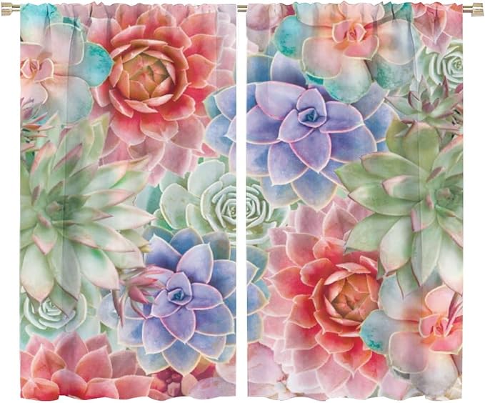 Boho Cactus Floral Curtain Tropical Colorful Succulent Plants Beautiful Flower Retro for Home Kitchen Livingroom Coffee Room Curtains Drapes 2 Panels 72x63in