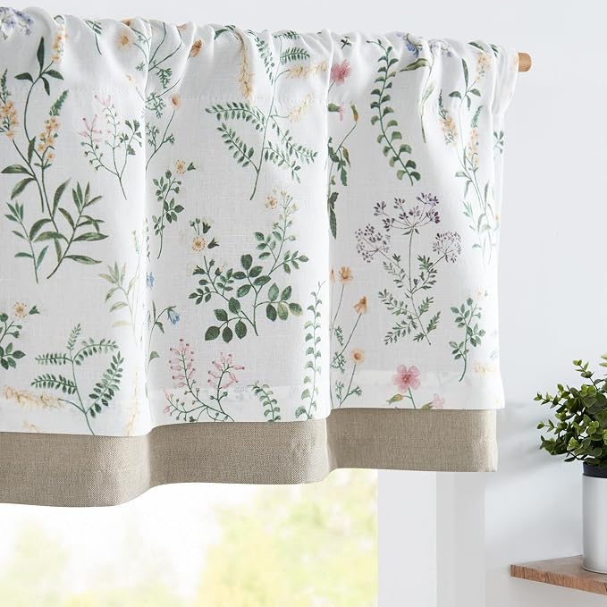 jinchan Linen Double Layer Valance Curtain for Windows Spring Summer Farmhouse Floral Light-reducing Kitchen Living Room Bedroom Bathroom 16 Inch Rod Pocket 1 Panel Green on White