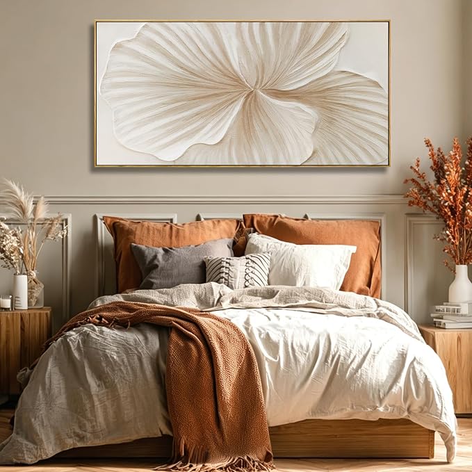 Framed White Floral Wall Art Hand Painted Textured Canvas Wall Art Modern Minimalist Abstract Flower Artwork for Living Room Bedroom Office 24x48 Inch