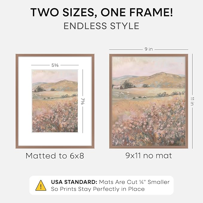 Homeforia 9x11 Mocha Frame, High End Metal 9 x 11 Picture Frames with Mat 6 by 8 inch Photo, 9by11 Thin Poster Frame Matted to 6x8 Print, 11x9 Wall or Tabletop Frame, Tempered Glass, Wall Kit, Set of 2