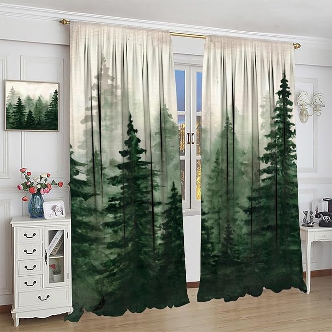 Watercolor Forest Blackout Curtains for Bedroom,Vintage Rustic Watercolor Green Misty Nature Forest Tree Tree Plant Print for Kids Boys Girls Living Room Bathroom 42x63in