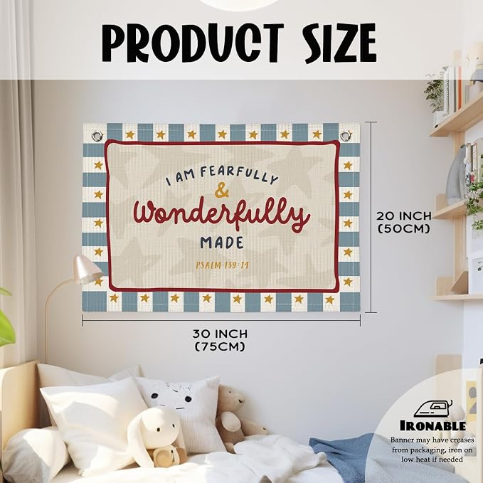 Wheatwin Fearfully And Wonderfully Made Nursery Wall Decor, Vintage Kids Room Playroom Bible Verse Christian Wall Hanging Banner, Canvas Decoration for Classroom, Nursery Kids Room