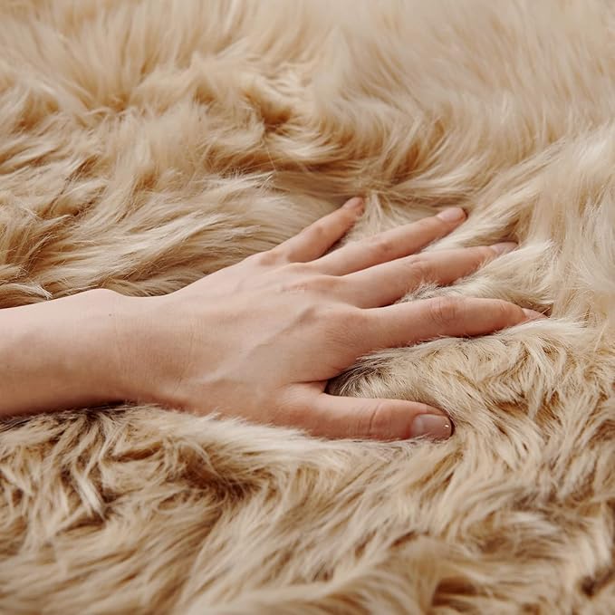 SERISSA Ultra Soft Fluffy Rug Beige Faux Sheepskin Fur Area Rug Shaggy Couch Cover Seat Cushion Furry Carpet Beside Rugs for Bedroom Floor Sofa Living Room Runner 2x6 Feet Beige