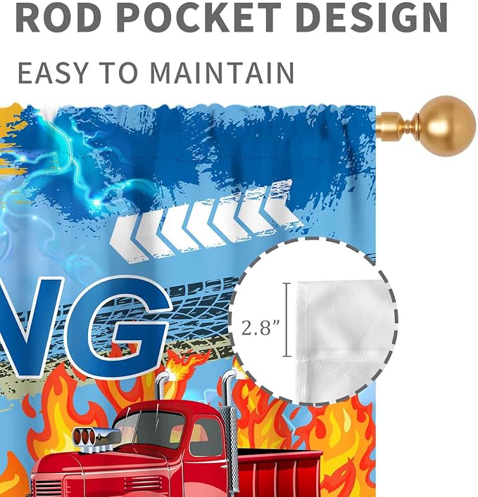 Truck Curtains for Boys Room, Cool Banner Burning Flame Car Cartoon Monster Racing Theme Window Drapery Treatments for Boys Kids Bedroom Living Room Playroom Nursery 2 Panels, 84"x84" Inch