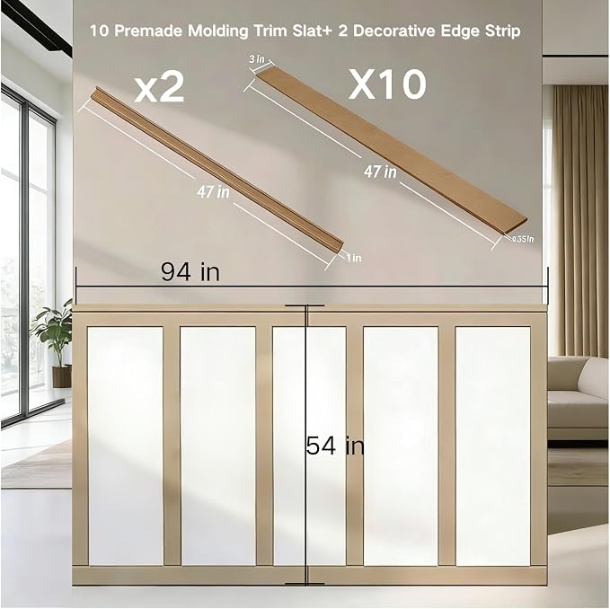 1 Set 94.5 in x 54 in MDF Board and Batten, Paintable Wainscoting Kit,Molding Trim Slat with Edge Strip，Premade Accent Wall Panel for DIY Kitchen Bedroom Living Room Home Decor Covers (94.5 x 54 Inch)