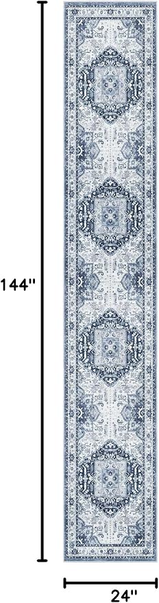 Madane Washable Runner Rugs 2x12 Long for Hallway Kitchen Soft, Navy/White | Non-Slip Vintage Printed 12ft Rug Runners with Rubber Backing, Low-Pile Floor Carpet Laundry Room Entryway, Corridor