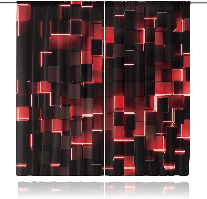 MESHELLY Red and Black Curtains 42Wx63H Inch Rod Pocket Abstract Curtains Modern 3D Gradient Design Geometric Cubes Bedroom Window Drapes Cool Man Boys Printed Living Room Window Fabric 2 Panels