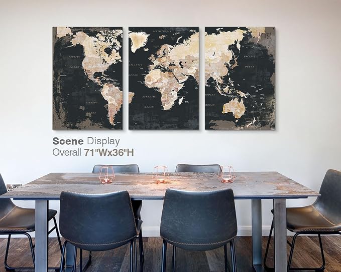 Black Wall Art for Living Room Office Pictures Large Canvas Maps Decor | Modern Antique Wall Map of World Painting Framed Oversized Global Artwork Masculine Mens Home Decor