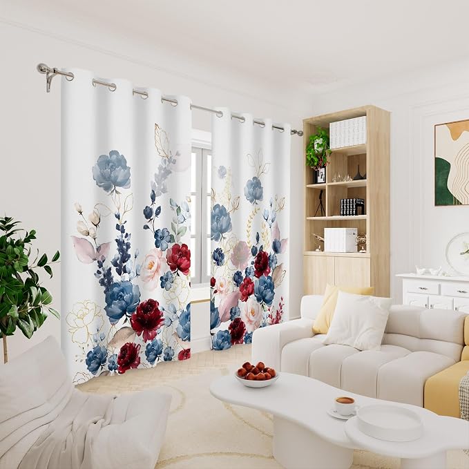 Renaiss Floral Blackout Curtains Watercolor Gray Blue and Red Peony Flower Bloossom Thermal Insulated Window Drapes for Bedroom 29W x 45L inches 2 Panel Set Window Curtains for Kitchen