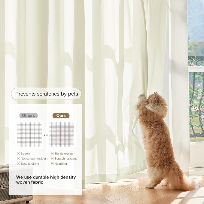 Anmao Non-See-Through Cream Privacy Semi Sheer Curtains for Living Room 45 Inch Length 2 Panels Set, Light Filtering That Let Light in Rod Pocket Window Drapes for Bedroom, 52W x 45L, Beige Yellow