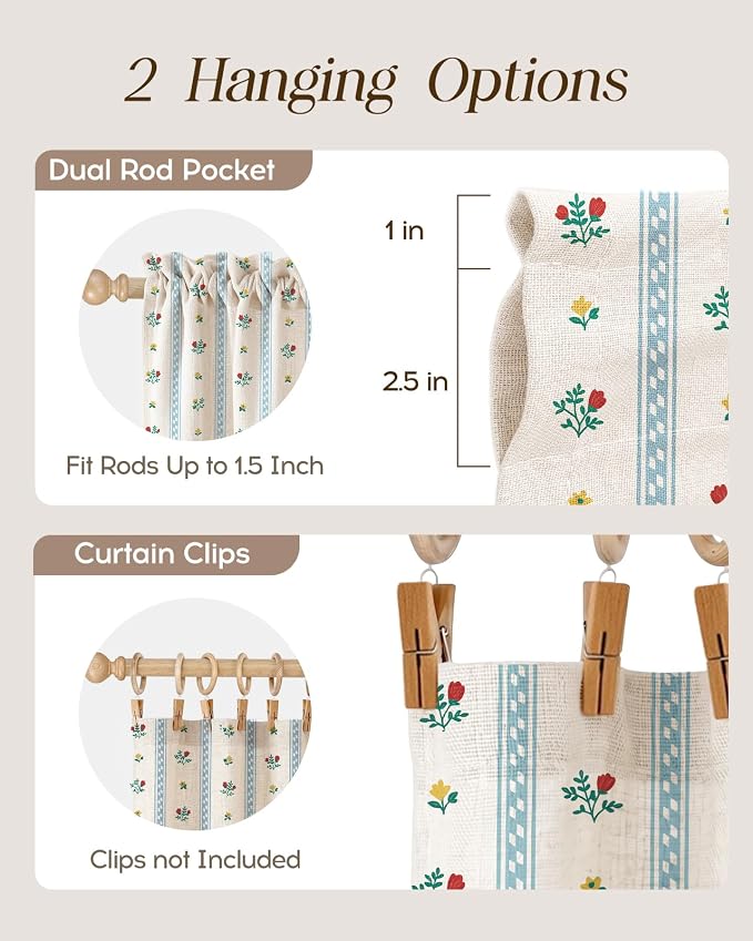 Miss Adola Valance Curtain for Windows - 16 Inch Linen Blend Farmhouse Floral Valance for Kitchen Living Room Bedroom Bathroom Boho Blue Striped Short Curtain with Rod Pocket, 1 Panel