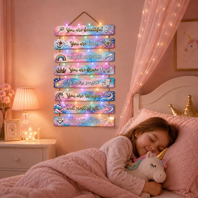 Dreamy Unicorn Room Decor Set of 8 with Led Light for Teen Girls Kids Toddler, Preppy Inspirational Rainbow Galaxy Wood Nursery Wall Decor for Dorm Bedroom, Cute Dreamy Chic Motivational Princess Room Decor