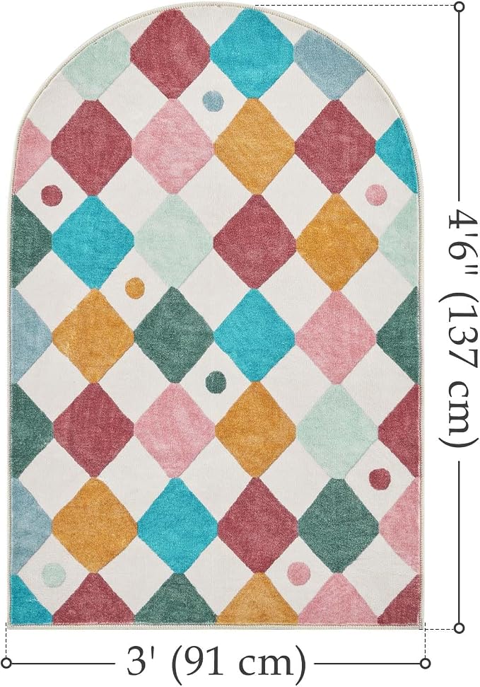 jinchan Macy Arched 3x5 Washable Kids Area Rug, Modern Colorful Checkered Diamond Rug for Nursery Bedroom Study Corner, Soft Low-Pile Non-Slip Doormat Dirt Trapping Chair Mat, Confetti on Cream