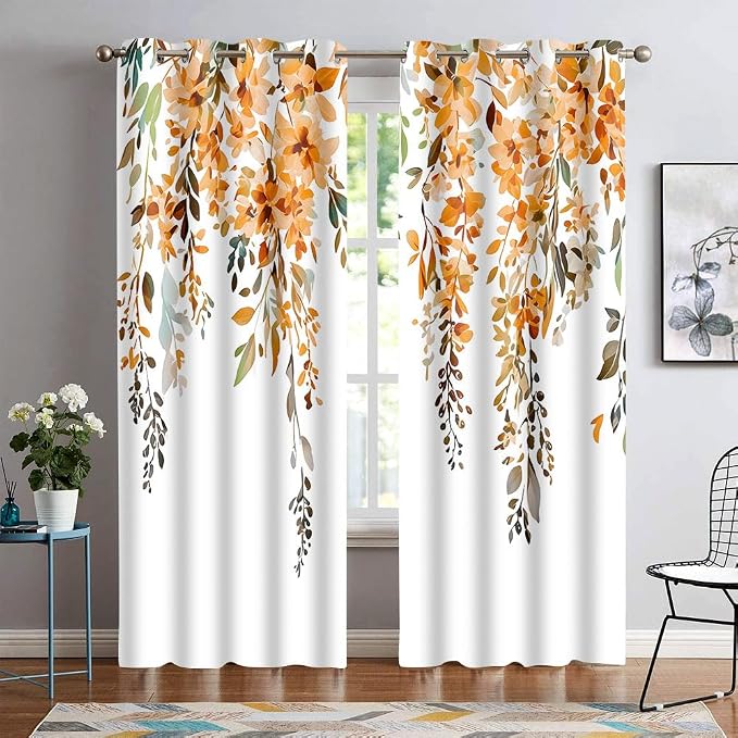 Orange Watercolor Floral Curtains 84 inches Long, Botanical Leaves Vine Flowers Rustic Farmhouse Curtains, Blackout Window Treatment Drapes for Bedroom Living Room 52x84inch, 2 Panels