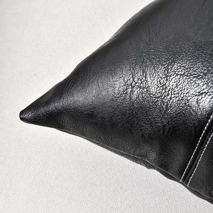 Fancy Homi Black Boho Faux Leather Decorative Throw Pillow Covers 16x16 Inch for Living Room Couch Bed Sofa, Rustic Modern Farmhouse Home Decor, Hand Stitched Square Cushion Case 40x40 cm