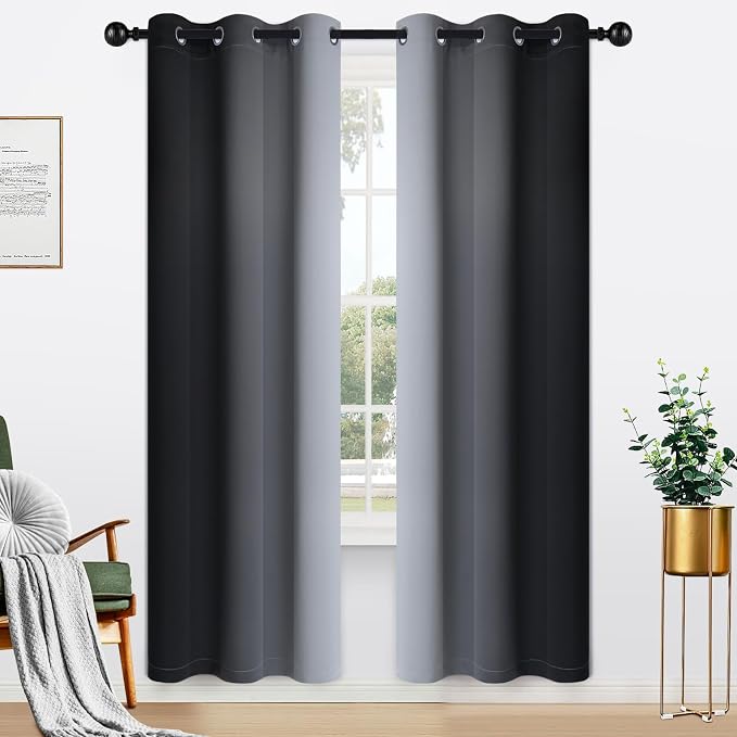 Yakamok Ombre Curtains Black and Greyish White for Living Room,42Wx72L | Room Darkening Curtains 72,Thermal Insulated Gradient Color Drape,Light Blocking Grommet Window Curtains for Bedroom,2 Panels