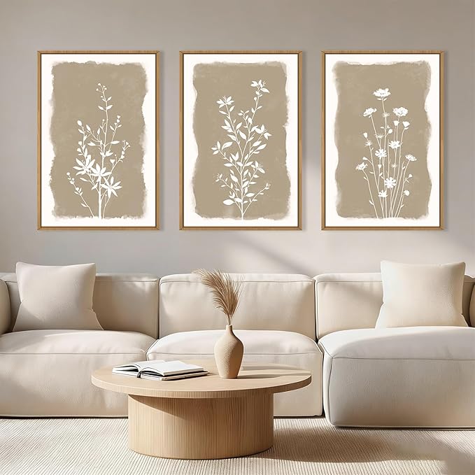 Neutral Beige Floral Silhouette Framed Canvas Wall Art Set,Modern Boho Minimalist Botanical Wildflower Wall Decor,Vintage Natural Creamy Flower Artwork for Living Room,Farmhouse-16 x24 x3