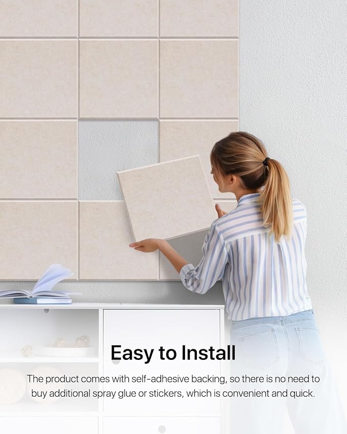 18 Pack Soundproof Wall Panels Self-Adhesive, Square Sound Proof Foam Panels for Wall, High Density Acoustic Panels, Acoustic Panels for Home Office, Recording Studio 12" X 12" X 0.4" Beige
