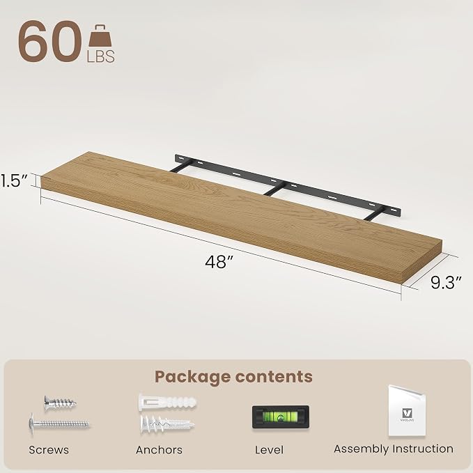 Vivelove 48 Inch Floating Shelves for Wall, 48x9 Display Shelves for Bathroom Living Room Kitchen Bedroom Office Farmhouse Home Decor - Set of 1, Oak