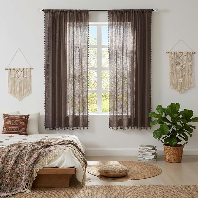 WAZZIO Boho Lace Curtains 63 Inches 2 Panel,Light Filtering Privacy Tassel & Geometry Crochet Semi Sheer Curtain Drapes for Bedroom Living Dining Room,Rod Pocket & Tassel,Chocolate Brown