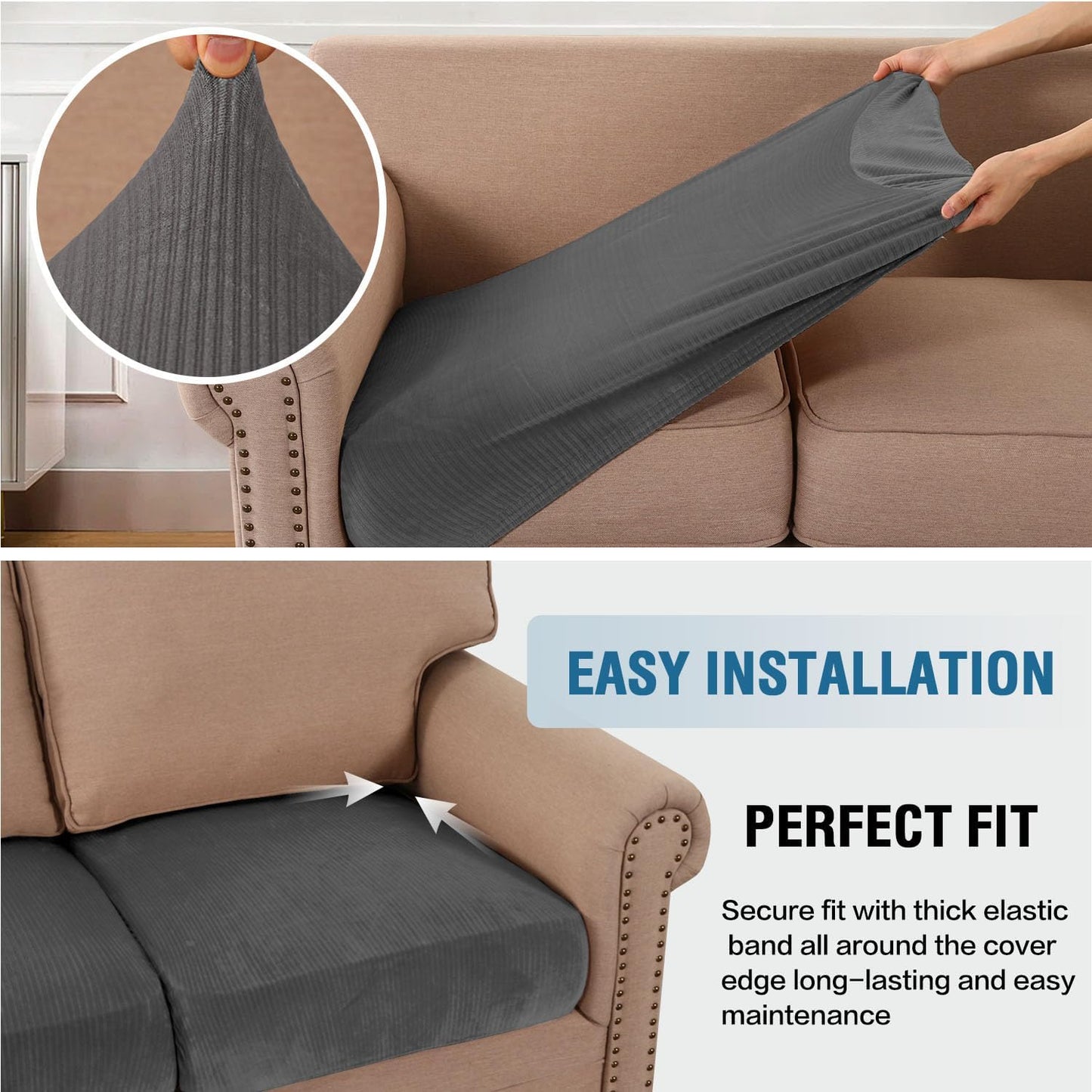 H.VERSAILTEX Velvet Stretch Couch Cushion Cover Plush Cushion Slipcover for Chair Cushion Furniture Protector Seat Cushion Sofa Cover (1 Piece Armchair Cushion Covers, Grey Striped)