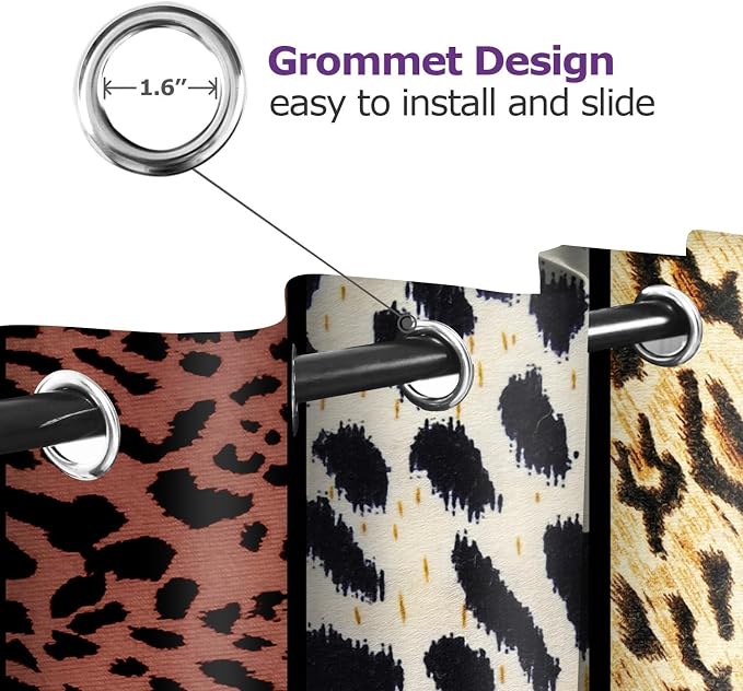 Wild Animal Print Curtain, Room Darkening Thermal Insulated Blackout Leopard Boa Window Drapes with Grommets for Living, Dining, Bedroom, Brown Leopard Print, 52"x 63", 2 Panels