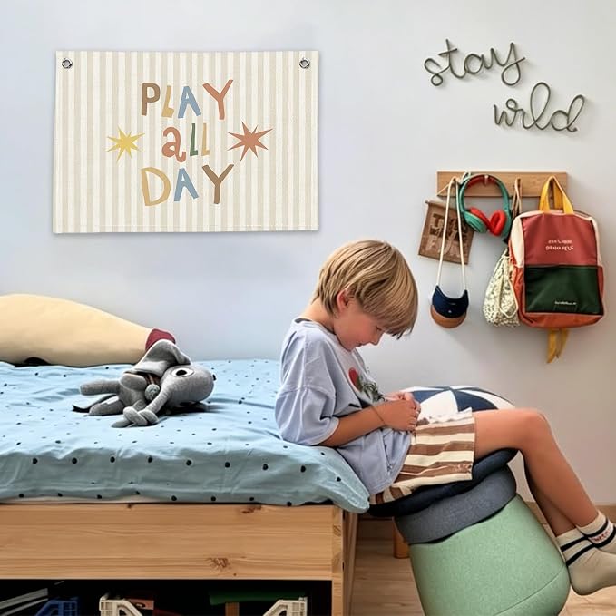 RTXLEZM Playroom Wall Decor,Play All Day Canvas Banner Hanging | Neutral Striped Play Room Wall Art for Kids Little Toddler Boy Girl Nursery Room Bedroom Playroom Classroom Decor 20x30