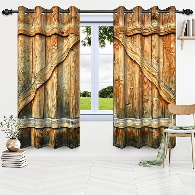 Closed Door Barn Door Curtains Rustic Vintage Wood Door Wooden Plank Window Curtains Farmhouse Countryside Living Room Kitchen Window Drapes Treatments Grommets Top,53x72 inch,2 Panels