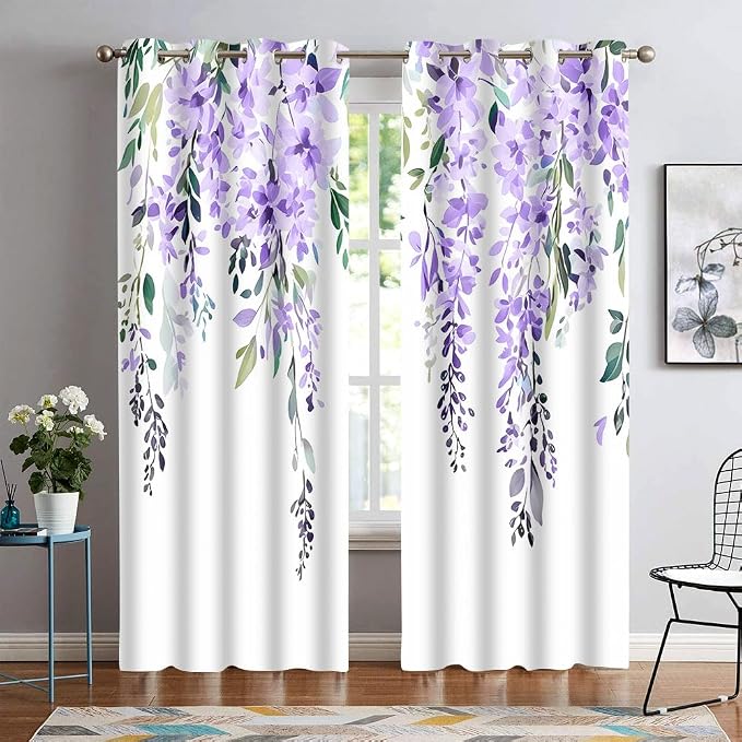 Purple Watercolor Floral Curtains, 52x84 inch, 2 Panels | Botanical Leaves Vine Wisteria Flowers, Rustic Farmhouse, Blackout Window Treatment, For Bedroom Living Room