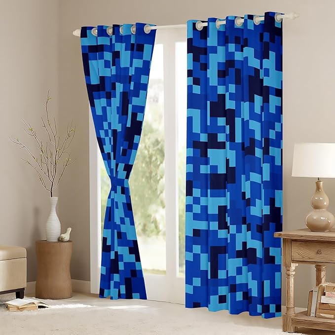 Castle Fairy Navy Blue Camouflage Window Curtain,Geometric Checked Bedroom Decor Curtains,Kids Boys Teens Pixelated Miner Style Window Treatment Video Games Blackout Drapes 2 Panels,38Wx45L