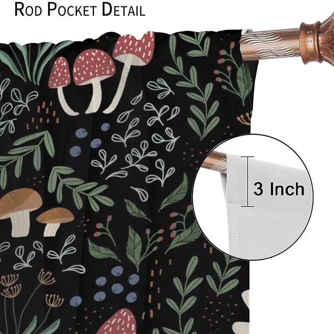 Mushroom Curtains, Cartoon Green Leaves Mushroom Wildflower Plant Botanical Boho Herb Nature Garden Print Blackout Window Drapes for Living Room Kids Bedroom 72x63in