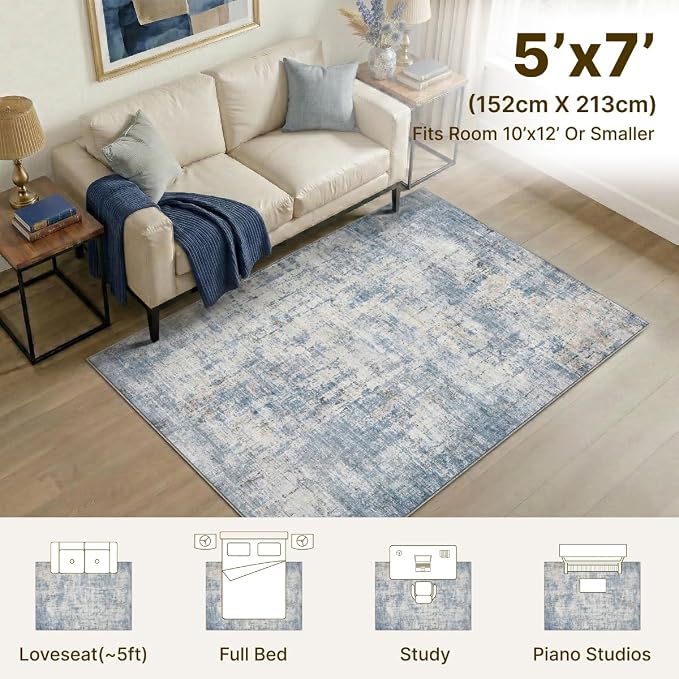 5x7 Area Rugs Washable Living Room Rug-No Slip Soft Carpets Modern Abstract Coastal Indoor Floor Stain Resistant Carpet for Bedroom Dining Room Farmhouse Nursery Home Office Blue