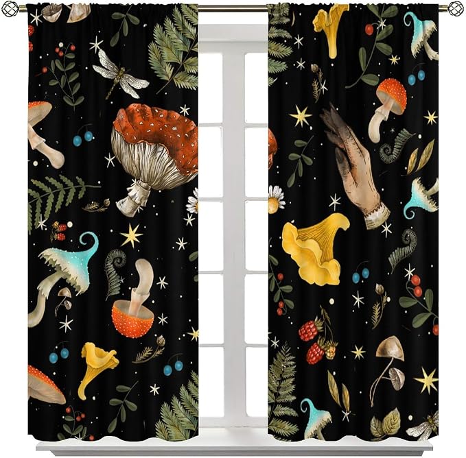 Retro Mushroom Curtains, Boho Rustic Vintage Botanical Mushroom Gothic Witch Wildflower Plant Print Blackout Window Treatments for Living Room Bedroom Kitchen 42x54 Inch