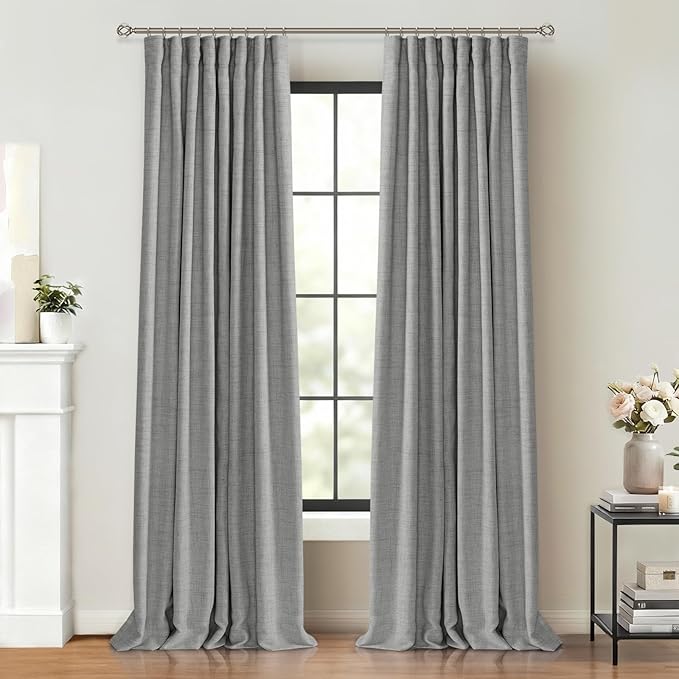 100% Blackout Shield Full Blackout Curtains for Bedroom 63 inch Length 2 Panels Set, Clip Rings/Rod Pocket Faux Linen Black Out Curtains for Living Room, Thermal Insulated, 50Wx63L, Grey