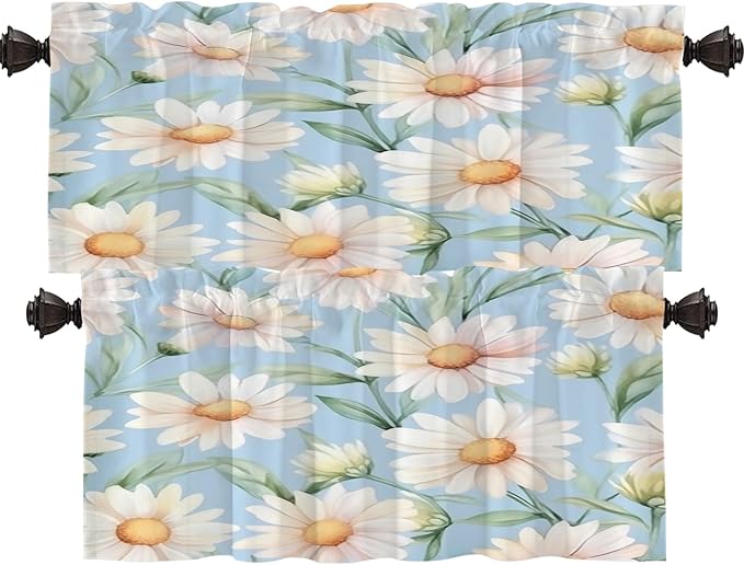 Shrahala Daisies Leaves Kitchen Valances, White Daisies On Blue Half Window Curtain Window Treatment Multilayer Polyester Blackout for Living Room Bathroom 2 Pack 52 x 16 in