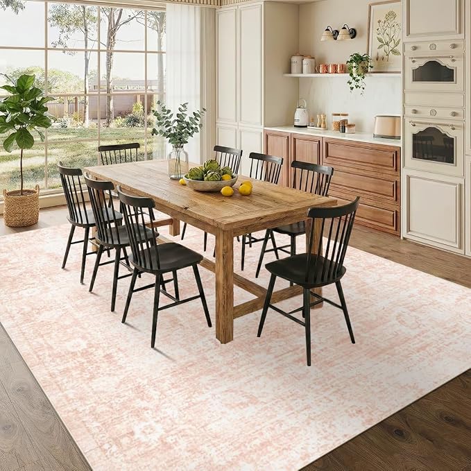 Homemate Washable Rug 8x10 Area Rugs - Vintage Faux Wool Rugs for Living Room Bedroom Dining Room - Non Slip Foldable Carpet Indoor Area Rug for Home Decor（8'x10', Pink